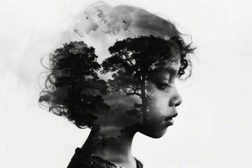 Double exposure child portrait with forest scenery