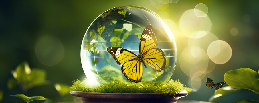 ESG Glowing tree on globe crystal glass ball with butterfly green blur background with bokeh, Concept Save the world save environment