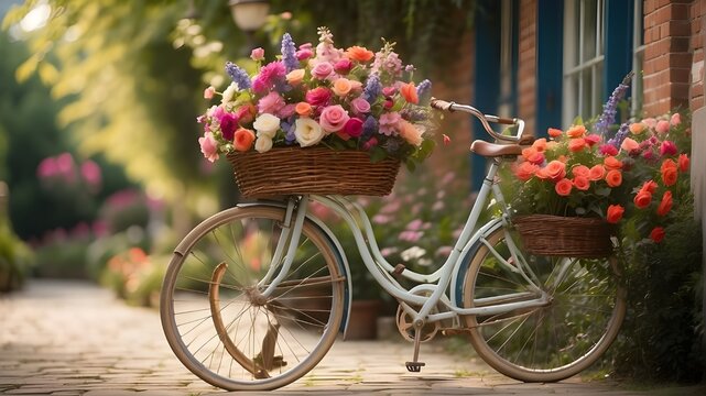 "A vibrant English flower arrangement sits gracefully in a wicker basket, perched on the front of a vintage bicycle. The flowers overflow from the basket, showcasing a variety of colors and species, i