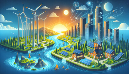 Renewable Revenue Streams Banner illustrating the profitability of investing in renewable energy for businesses. in climate change theme ,Full depth of field, clean bright tone, high quality ,include 