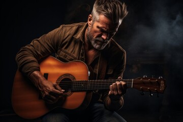 Obraz premium A bearded man, is skillfully playing the guitar in a dimly lit room. He is focused on strumming and creating music with his instrument