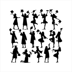 Graduation silhouettes. Graduate student's celebration vector collection set in a different pose