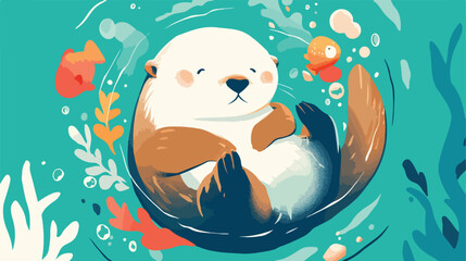 Otter in circle banner illustration 2d flat cartoon