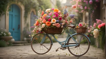 "A whimsical depiction of an English flower arrangement adorning a bicycle basket. The flowers, rendered in a vibrant and exaggerated style, burst with color and energy, creating a delightful contrast
