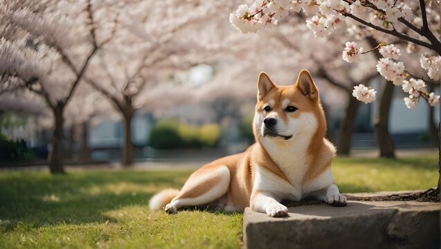 Shiba Inu dog sitting under sakura tree or cherry blossom tree in Japanese garden in morning. Generative AI.