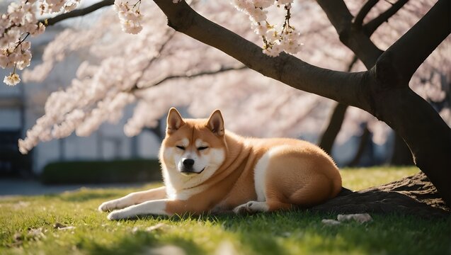 Shiba Inu dog sleeping under sakura tree or cherry blossom tree in Japanese garden in morning. Generative AI.