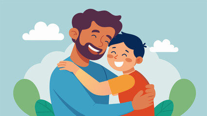An image of a parent and child hugging with genuine smiles on their faces after successfully resolving a conflict. The photo captures the bond