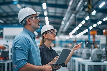 Two people in a factory, one pointing at a laptop. Scene is serious and focused