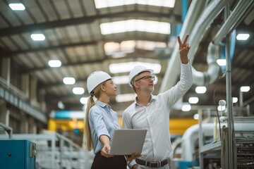 Two people are looking at a laptop in a factory. One of them is pointing at something on the screen