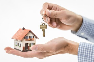 A person is holding a key in front of a house. The house is a small white house with a red roof