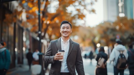 A man in a suit is walking down a city street with a coffee cup in his hand. He is smiling and he is enjoying his day. The scene is bustling with activity, with several other people walking around - Powered by Adobe
