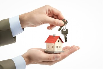 A man is holding a key to a house. The house is a small white house with a red roof