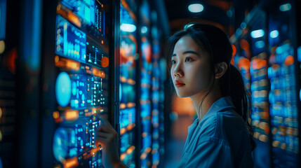 Smart asian female programer working in Data Center System