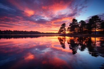 Obraz premium A tranquil lake reflects a cluster of trees standing in its waters. The trees appear to be partially submerged, creating a serene and picturesque view