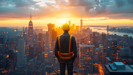 Engineer double exposure image blending the silhouette of a man's profile with a vibrant urban sunrise over a cityscape, illustrating a connection with urban life.