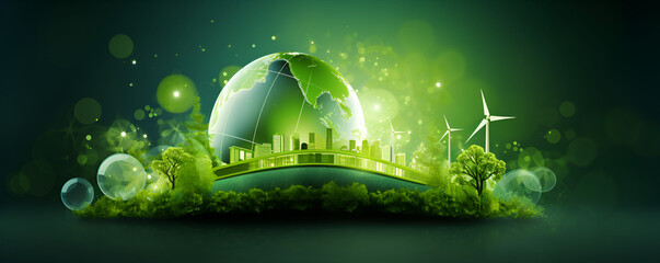 globe of earth with green trees, plants and buildings. Concept of green city, renewable and clean energy in background 