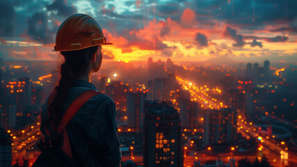 Engineer double exposure image blending the silhouette of a woman's profile with a vibrant urban sunrise over a cityscape, illustrating a connection with urban life.