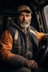 Fototapeta na wymiar A weathered-faced truck driver, identified as VetalVit A, is shown in the drivers seat of a large truck. He appears focused and ready to navigate through the wide road ahead