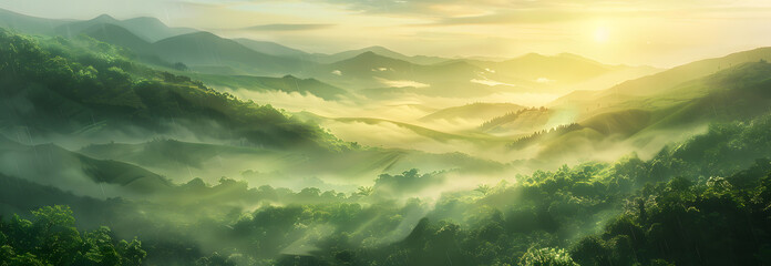 Beautiful panoramic landscape of a green hills at sunset