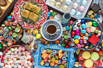 Turkish Coffee in the Colorful Ramadan Eid Candy and Chocolate, Traditional Ottoman Cuisine...