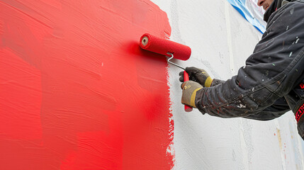 a man in work clothes paints a wall with red paint with a roller