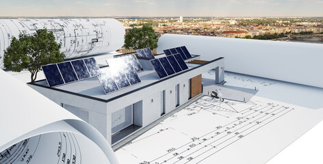 Photovoltaik-Module an einem modernen Haus in der Flachdach-Bauweise (mit Stadtlanschaft im Hintergrund) - 3D Visualisierung - 775586539