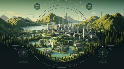 a tree is over a mountainside with some forest landscapes and buildings on it infographic illustration esztergom, in the style of futuristic spacecraft design, national geographic photo, circular shap - obrazy, fototapety, plakaty