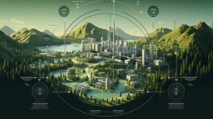 Fotobehang a tree is over a mountainside with some forest landscapes and buildings on it infographic illustration esztergom, in the style of futuristic spacecraft design, national geographic photo, circular shap © MOUISITON