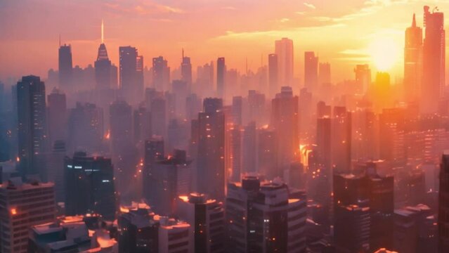 video tall buildings with sunset in the background