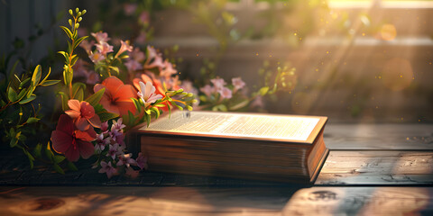 Open bible on table with and flowers, Open book Bible in the grass in nature