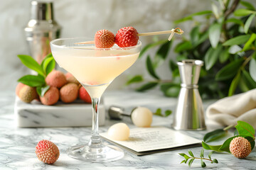 Refreshing Lychee Martini Cocktail: A Vibrant Presentation of Ingredients and Recipe Card