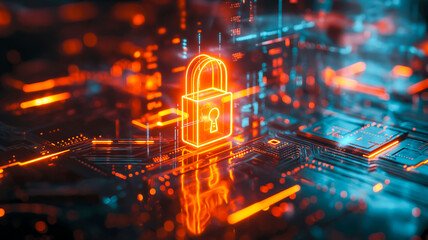 Cyber security technology concept neon orange padlock superimposed on a vibrant circuit board. - obrazy, fototapety, plakaty
