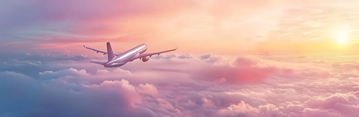 Big passenger airplane flying, beautiful sunset and cloudscape in the background. Above the clouds.