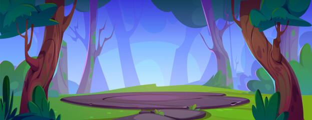 Arena field in forest with tree and grass nature landscape. Summer cartoon podium in outdoor park environment. Adventure game foliage panorama wallpaper with glade for battle. Fantasy scene design - obrazy, fototapety, plakaty