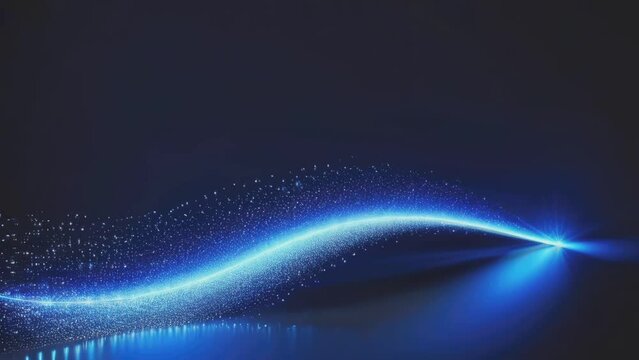 A beautiful luxurious blue light flashes and a trail curve of layers of sparkling particles flows upwards. ball tunnel for the Oscar awards ceremony. Digital art. Present day background.
