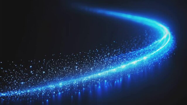 A beautiful luxurious blue light flashes and a trail curve of layers of sparkling particles flows upwards. ball tunnel for the Oscar awards ceremony. Digital art. Present day background.
