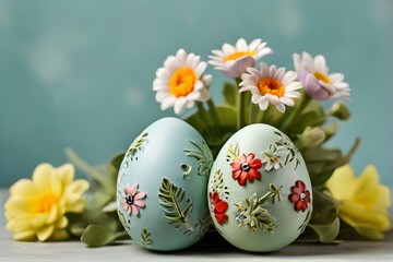 colorful  easter eggs with flowering branches ,light pink background , easter card background 