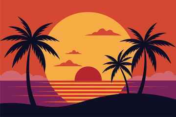 Fototapeta na wymiar Palmetto Summer Sunset vector, Palm tree on abstract tropical print. Orange silhouette