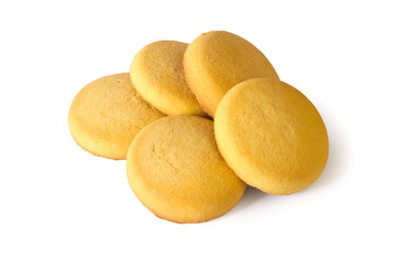 Pile of round shortbread cookies on white background. Fresh classic biscuits. With a shadow.