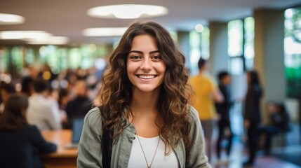 Obraz premium Portrait of a smiling young woman with long brown hair standing in a library with many people in the background