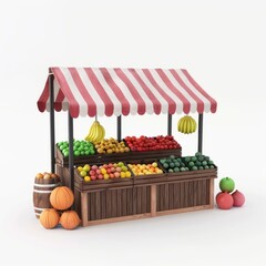 3D Render of a colorful fruits and vegetables stand at a market, on isolated white background, Generative AI