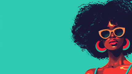Afro African black woman illustration for fashion banner with copy space green background.  generative ai