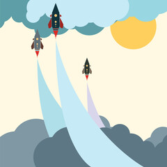 Colored art cartoon rocket jet in blue sky