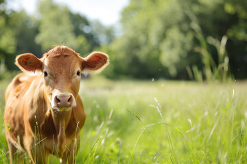 A young brown coloured calf standing at the meadow and looking at camera with copy space. Eco farming and farm animals concept.