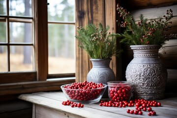 Still life with lingonberries in a wooden bowl and vase