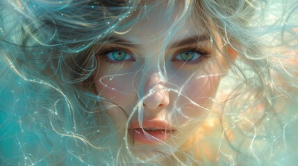 Portrait of a woman with green eyes and blonde hair - obrazy, fototapety, plakaty