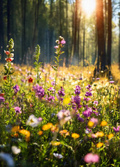 Flowers on the meadow in front of the sunny forest