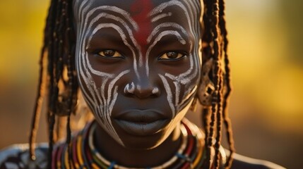 Close-up Portrait of an African woman from the Suri tribe with white face painting, dreadlocks and traditional jewelry in Ethiopia.