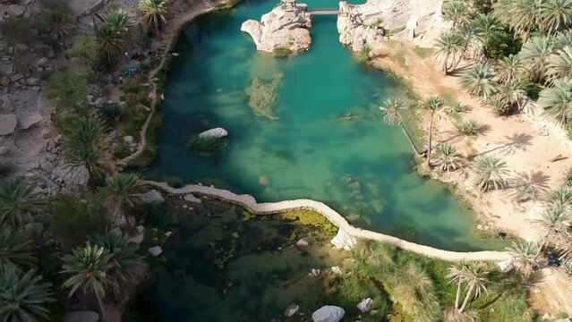 Aerial drone of stunning Wadi Bani Khalid oasis with turquoise water and palm trees in the Sultanate of Oman.