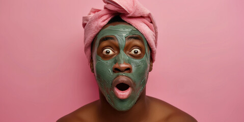 Shocked African-American man with clay facial mask and towel on head uses beauty products and cosmetic on pink studio background. Copy paste empty place for text. Skin care and peeling concept